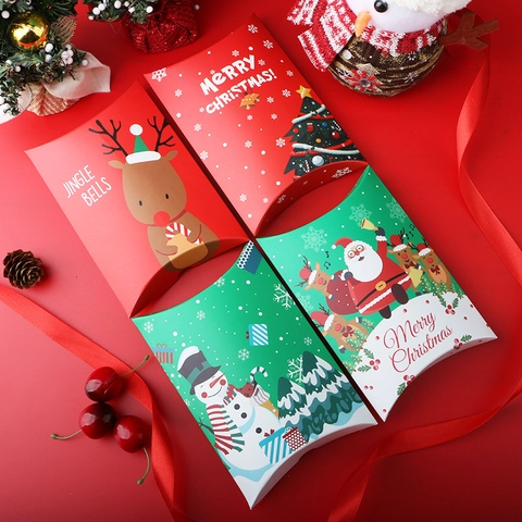 Pillow Gift Box White Cardboard Christmas Halloween Party Candy Cookie Packaging Cartoon Santa Reindeer Festival Favor Bags