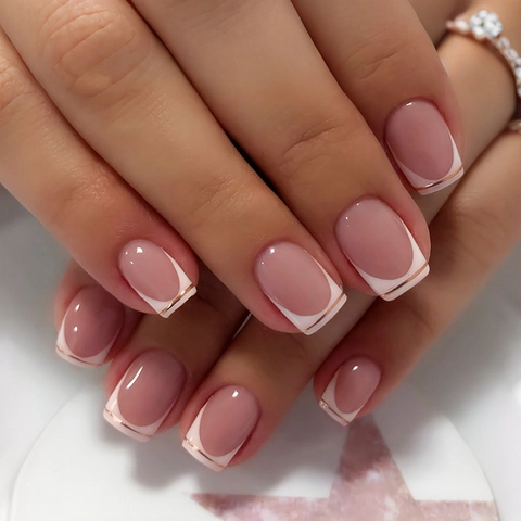 Faux Ongles Press On Français Rose Nude Avec Ligne Dorée Pointe Blanche Courts Carrés Avec Adhésif Et Lime