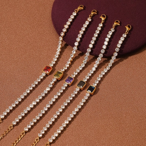 Elegante Pulsera Tennis de Acero Inoxidable con Diamantes de Imitación Cuadrados de Colores para Mujer Joyería Chapada en Oro 18K