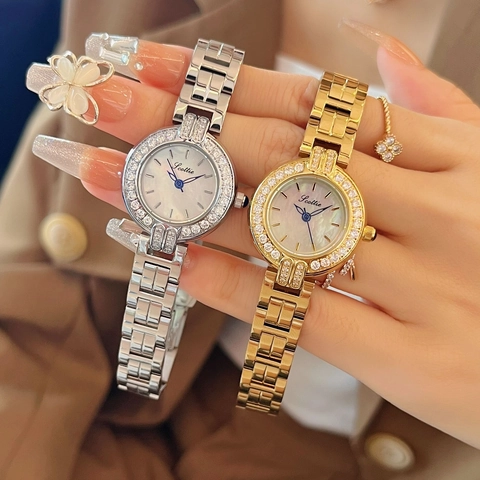 Women's Quartz Watch With Mother Of Artificial Pearl Dial And Rhinestone Inlay Elegant Alloy Strap Waterproof Fashion Timepiece