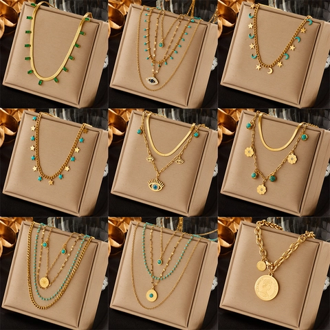 Vintage Multi-Layer Stainless Steel Necklace For Women 18K Gold Plated Bohemian Star Moon Evil Eye Coin Pendant Necklace With Turquoise Zirconia Jewelry