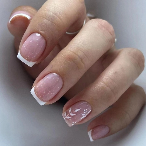 Short Simple French Press On Nails Pink Transparent Glitter White Leaf Pattern Square Round Artificial Nails For Women