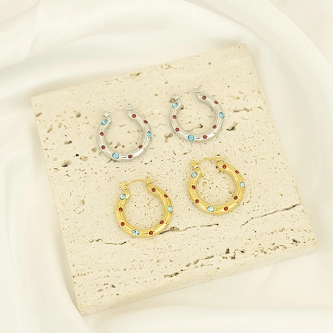 Boucles d'Oreilles Créoles en Acier Inoxydable Plaque Or Argent 18K Avec Incrustation de Strass Colores Pour Femmes