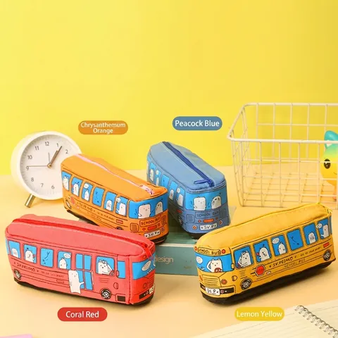 Cartoon School Bus Shape Pencil Case Canvas Large Capacity Stationery Pouch For Students Kids Zip Closure