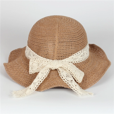 Women Straw Sun Hat Wide Brim Foldable UV Protection Beach Holiday Lace Bow Elegant Summer