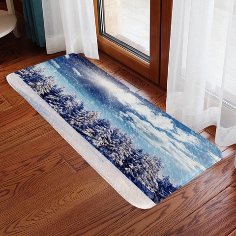 Tappeto Da Terra Paesaggio Foresta Di Neve Invernale Flanella Assorbente Antiscivolo Zerbino Per Soggiorno Cucina Bagno