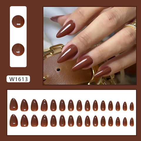 Glossy Press On Nails Almond Shape Solid Red Brown Removable Fake Nail Tips Simple Style Manicure For Women Elegant