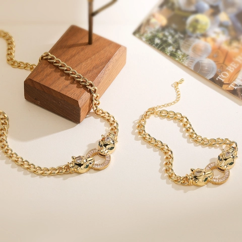 Collar con Colgante de Cabeza de Leopardo de Cobre Chapado en Oro 18K para Mujer Pulsera de Cadena Hip Hop Joyas de Animales