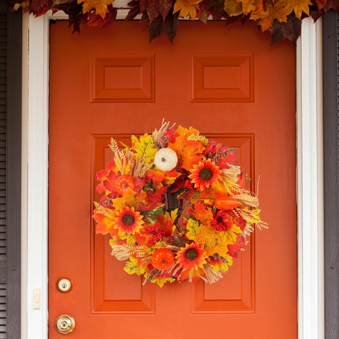 Artificial Autumn Wreath With Maple Leaves Sunflowers Pumpkins Berries Pine Cones Thanksgiving Harvest Festival Front Door Decor