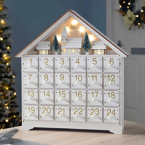 Calendrier De L'Avent De Noël Maison En Bois Lumière LED Chaude Tiroirs Décoration De Table Compte À Rebours