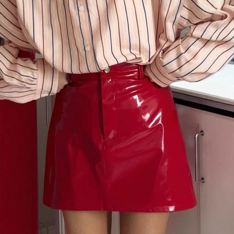 Women High Waist PU Patent Leather Mini Skirt Solid Color Bodycon Sexy Fashion Bottoms