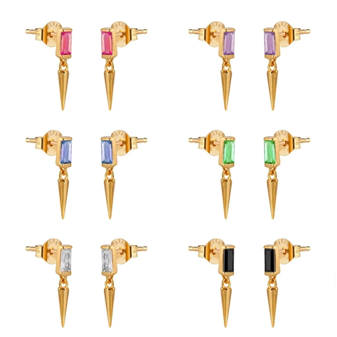 Orecchini Pendenti Punta Cono Geometrico Rame Con Zirconia Colorata E Perno In Argento Sterling 925 Stile Punk