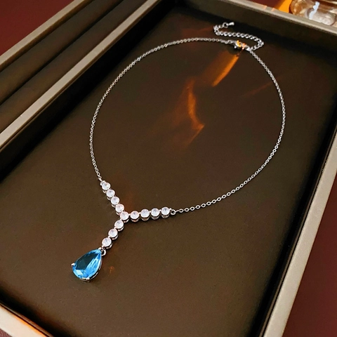 Copper Blue Teardrop Cubic Zirconia Y Shape Necklace Elegant Shiny Jewelry For Women Luxury Cross Clavicle Chain
