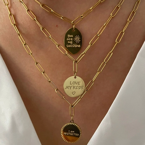 18K Vergoldete Edelstahl Halskette Gravierter Sonnenschein Anhänger Büroklammer Kette Schmuck Für Damen Wasserdicht Minimalistisch