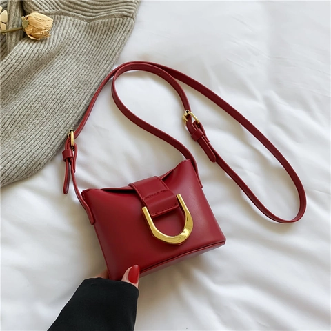 Elegante Umhängetasche Aus PU Leder Für Damen Retro Eimer Schultertasche Mit Goldener Hufeisenschnalle Verstellbarer Gurt
