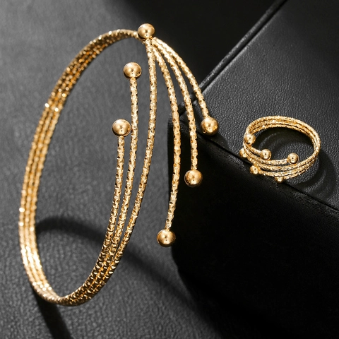 Minimalist Multi-layer Spiral Alloy Jewelry With Hammered Texture Gold Tone Open Cuff Bracelet And Matching Ring For Women