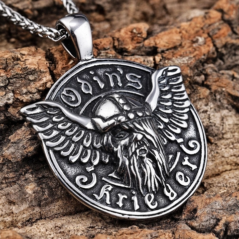 Men Viking Odin Warrior Pendant Stainless Steel Nordic Mythology Winged Helmet Retro Punk Gothic Neck Jewelry