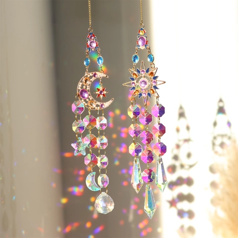 Crystal Suncatcher Hanging Ornament With K9 Crystal Prism Moon Star Butterfly Shapes Metal Frame Rainbow Window Decor