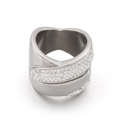 Anello A Fascia Larga In Acciaio Inossidabile Pavé Di Zirconia Cubica Silhouette A Forma Di Cuore Sovrapposto Moda Donna