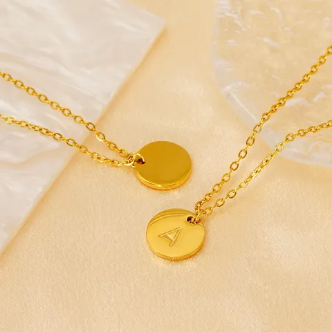 Minimalist Initial Letter Pendant Necklace 18K Gold Plated Stainless Steel Round Coin Alphabet Jewelry For Women Girls