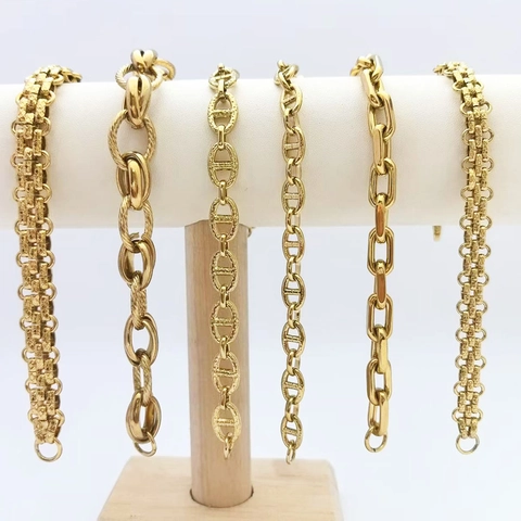 Chain Bracelet Stainless Steel 18K Gold Plated Punk Geometric Anchor Link Chunky Jewelry For Men Women