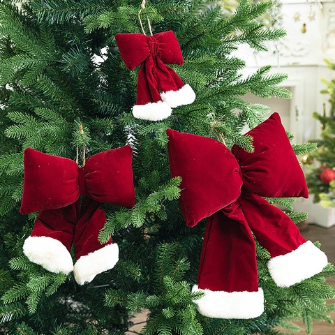 Christmas Tree Decorations Velvet Bows Flocked Ornaments Balls Festive Home Holiday Party Hanging Ornament Decor