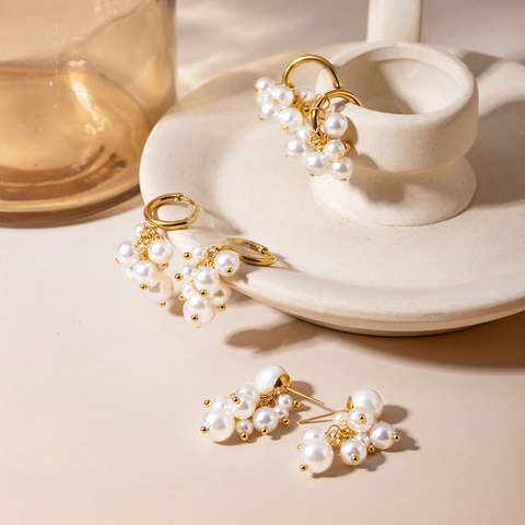 Grape Shape White Imitation Artificial Pearl Cluster Earrings 18K Gold Plated Stainless Steel Waterproof Hypoallergenic For Women
