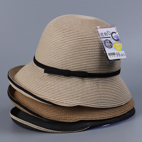 Women Straw Sun Hat Elegant Paper Straw Foldable UPF 50 Plus UV Protection Wide Brim Ribbon Bow Summer Beach Basin Cap