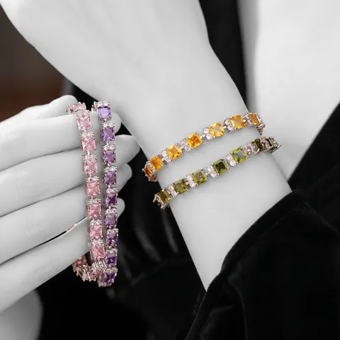 Κομψό Βραχιόλι Με Τετράγωνο Ζιργκόν Vintage Light Luxury Χάλκινο Βραχιόλι Με Πολύχρωμα Κυβικά Ζιργκόν Μόδα Κοσμήματα