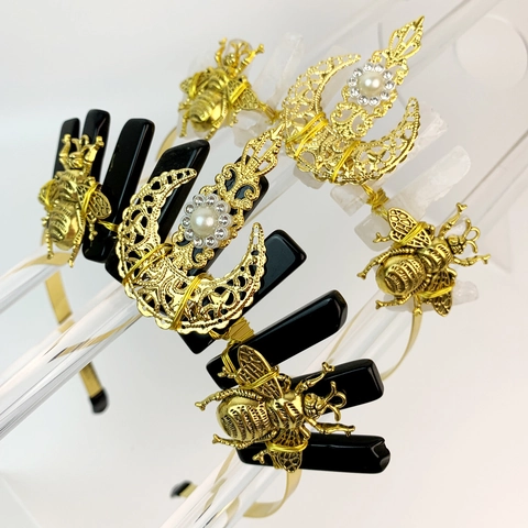 Diadema De Cristal Corona Abeja Dorada Luna Flor Rhinestone Perla Artificial Metal Banda De Cabello Vintage Tocado Boda Fiesta Mujeres
