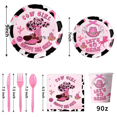 Westliche Rosa Cowgirl Geburtstag Party Dekorationen Kuh Druck Pappteller Becher Servietten Tischdecke Banner Geschirr