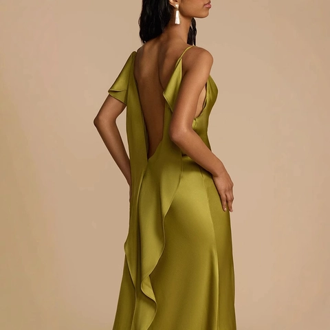 Elegante Abito Maxi In Raso Con Spalline Sottili Schiena Scoperta Dettaglio Volant Spacco Alto Festa Serale Per Donna