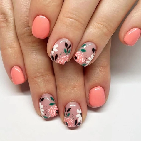 Press On Nails Short Square Vintage Floral Peony Pattern Coral Pink Full Cover False Nails For Women Wearable