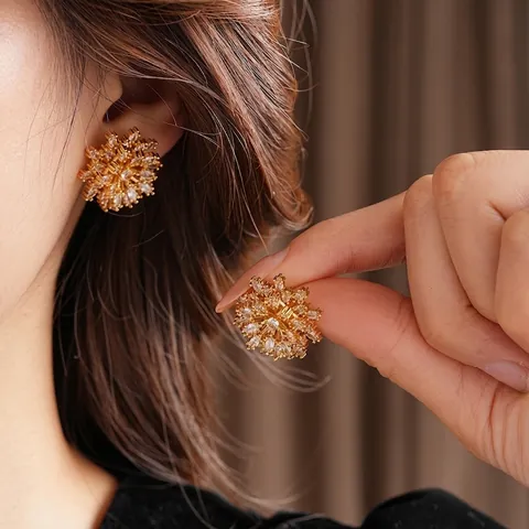Flower Stud Earrings Copper Real Gold Plated With Zircon Marquise Cut Elegant Vintage Jewelry For Women Silver Earring Post