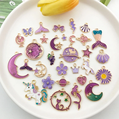 Purple Enamel Zinc Alloy Charms For DIY Jewelry Making Mixed Moon Star Unicorn Mermaid Tail Pendants