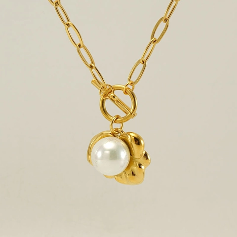 Artificial Pearl Pendant Necklace 18K Gold Plated Stainless Steel Paperclip Chain OT Toggle Clasp Chic Jewelry For Women