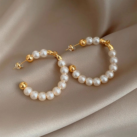 Orecchini A Cerchio A Forma Di C Con Künstliche Perle Decorazione Floreale Placcata Oro Perno In Argento Gioielli Eleganti Retro Francesi Per Donne