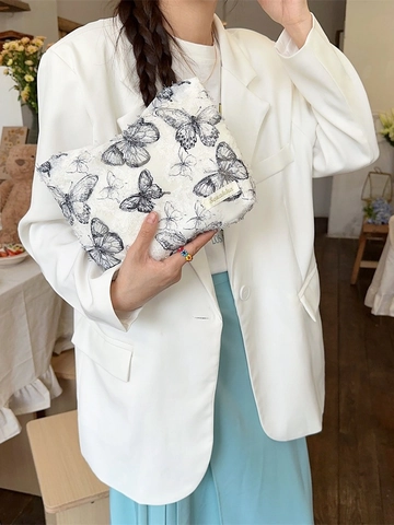 Bolsa De Maquillaje Mariposa Encaje Neceser Almacenamiento Lona Borde Deshilachado Organizador Cosmético Retro Cremallera Mujer
