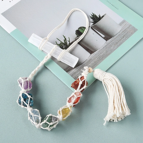 7 Chakra Healing Crystal Raw Stones Selenite Stick Handmade Woven Cotton Rope Tassel Boho Home Wall Hanging Decor
