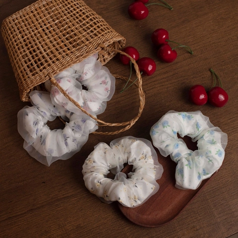 Large Organza Scrunchies Floral Polka Dot Houndstooth Print Double Layer Tulle Elastic Hair Ties For Women Girls Daily Styling