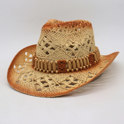 Chapeau de Cowboy en Paille d'Été pour Femmes Tissage Ajouré Large Bord Chapeau de Soleil Avec Perles en Bois Dégradé Respirant Plage
