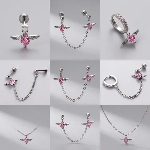 Pink Heart Zircon Angel Wing Stud Earrings Titanium Steel Screw Back Cartilage Piercing Jewelry For Women