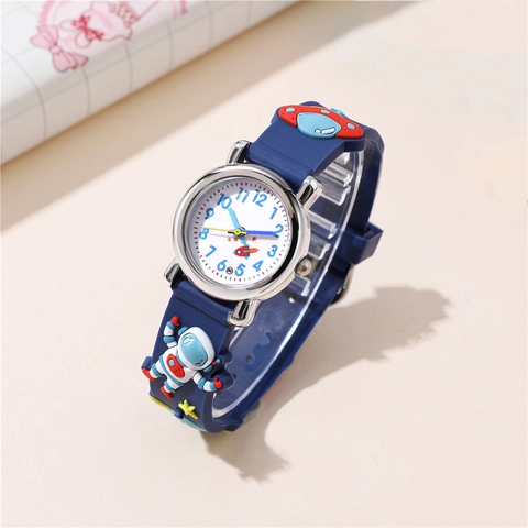 Kids Astronaut Rocket Theme Quartz Watch 3D Cartoon Space Pattern Silicone Band Analog Dial Student Gift Wristwatch