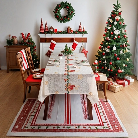 Tovaglia di Natale in Poliestere Stile Americano Ricamata Fiocco di Neve Campana Fiocco Rettangolare Antipolvere Festiva Casa Tavolo da Pranzo Decor