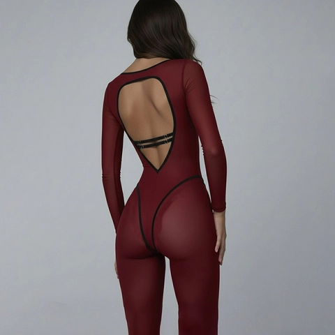 Sexy Lange Mouwen Jumpsuit Dames Bodycon Open Rug Mesh Patchwork Hoge Elasticiteit Slim Fit Sporty Yoga Romper
