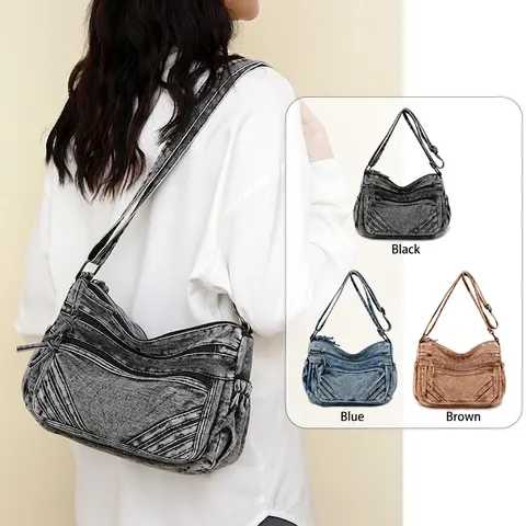 Borsa A Tracolla In Denim Lavato Vintage Tasche Multiple Grande Capacità Borsa A Spalla Retrò Casual Donna