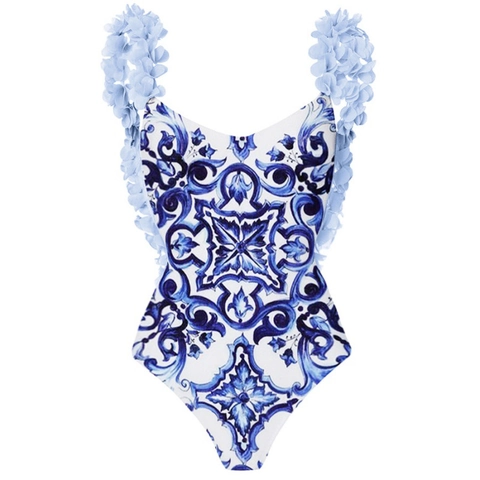Women One Piece Swimsuit And Sarong Mediterranean Print 3D Floral Applique Backless Beachwear Padded Bathing Suit