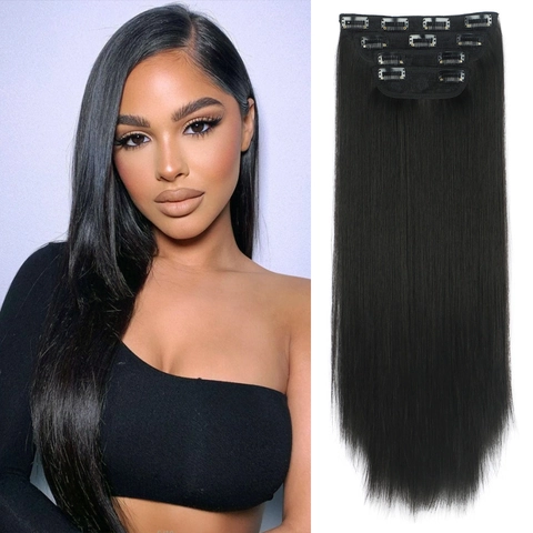 Extension Capelli Sintetici Clip In Lunghe Ondulate Lisce Fibra Resistente Al Calore Look Naturale Per Donne