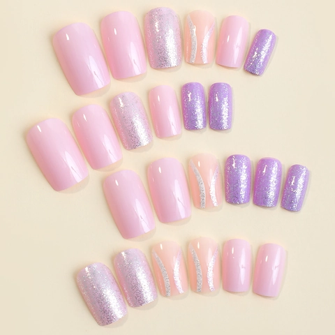 Purple Ice Transparent Press On Nails Short Square Glitter Wave Design Artificial Fake Nails For DIY Manicure Women