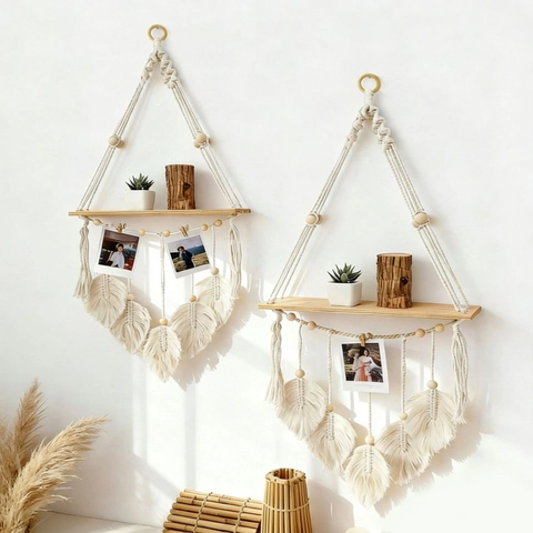 Mensola Da Parete In Macramé Fatta A Mano Corda Di Cotone Scaffali Fluttuanti Legno Con Nappe A Foglia Arredamento
